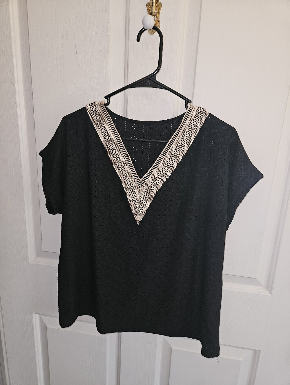 Black Short-Sleeve V-Neck Top with Cream Crochet Trim